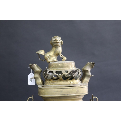 264 - Chinese brass censer on stand, with dog of fo finial to top, fruits to handles, approx 50cm H x 34cm... 