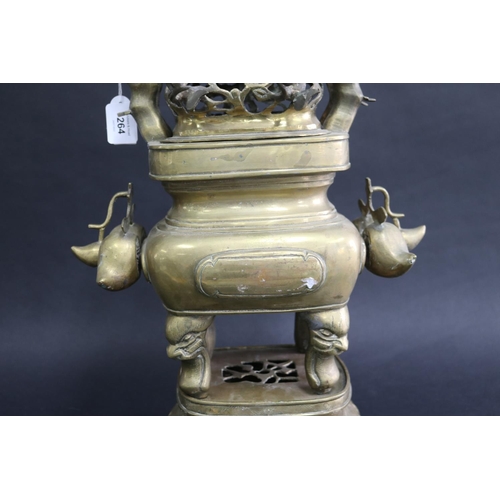 264 - Chinese brass censer on stand, with dog of fo finial to top, fruits to handles, approx 50cm H x 34cm... 