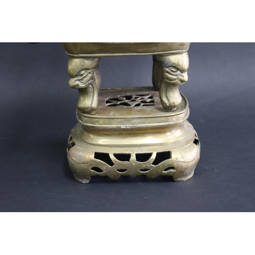 264 - Chinese brass censer on stand, with dog of fo finial to top, fruits to handles, approx 50cm H x 34cm... 