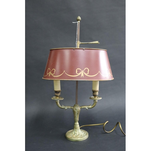 491 - French two light briolette lamp with toleware shade, unknown working condition, European wiring, app... 