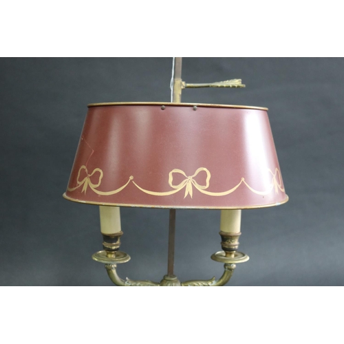 491 - French two light briolette lamp with toleware shade, unknown working condition, European wiring, app... 