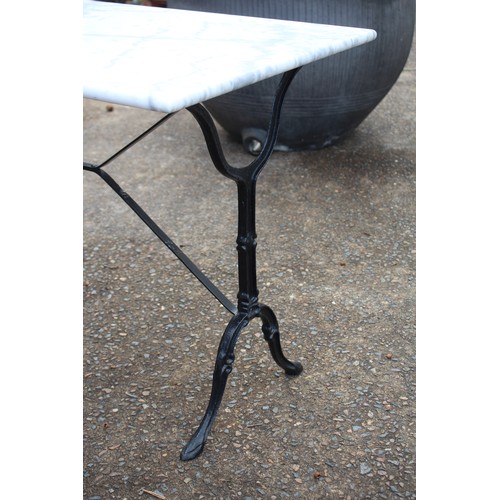 298 - French marble topped bistro table with iron frame, approx 71cm H x 100cm W x 60cm D