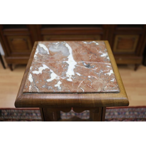 496 - Antique French walnut marble topped jardinière stand, approx 110cm H
