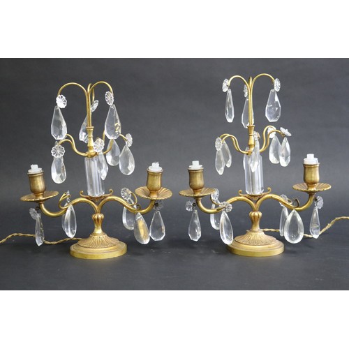 216 - Pair of vintage French table two light brass girandoles, with applied drops, unknown working order, ... 