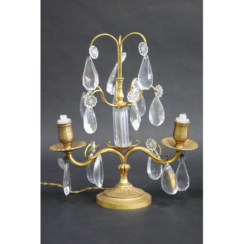 216 - Pair of vintage French table two light brass girandoles, with applied drops, unknown working order, ... 