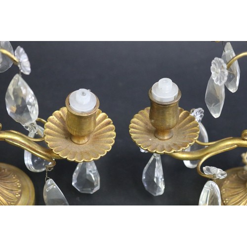 216 - Pair of vintage French table two light brass girandoles, with applied drops, unknown working order, ... 