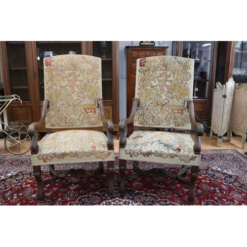 379 - Pair of antique French Louis XIII style armchairs with needle work upholstery (2)