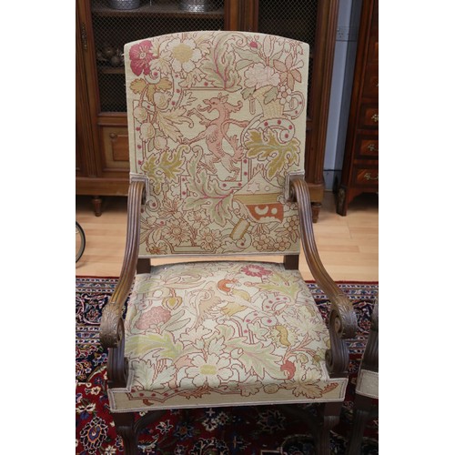 379 - Pair of antique French Louis XIII style armchairs with needle work upholstery (2)