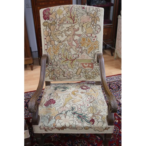 379 - Pair of antique French Louis XIII style armchairs with needle work upholstery (2)