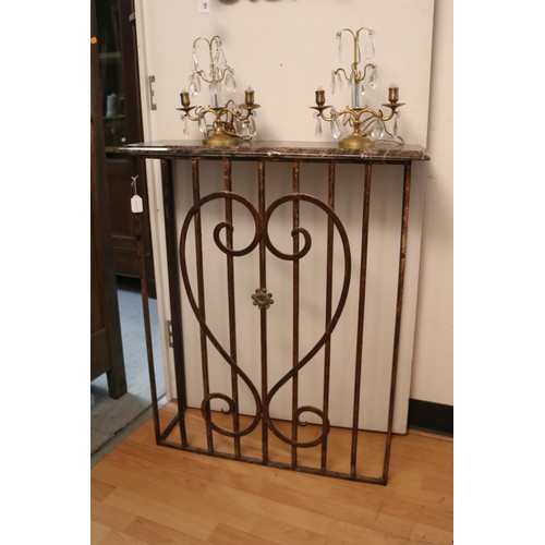 250 - French marble topped wrought iron rectangular console, heart shaped applied decoration, approx 91cm ... 