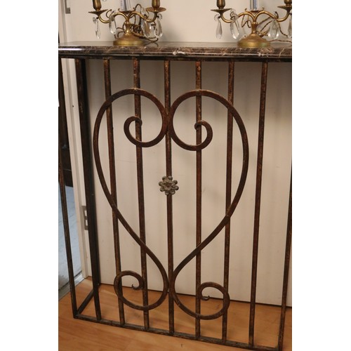 250 - French marble topped wrought iron rectangular console, heart shaped applied decoration, approx 91cm ... 