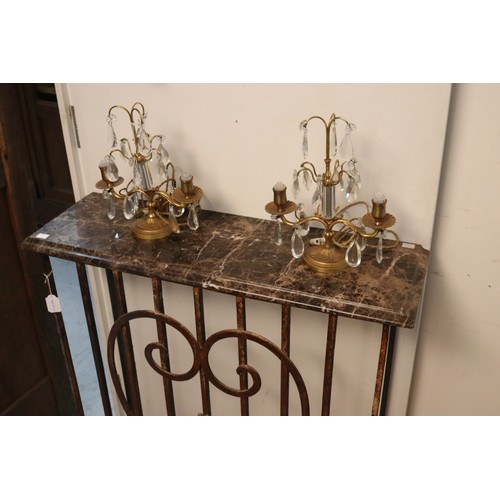 250 - French marble topped wrought iron rectangular console, heart shaped applied decoration, approx 91cm ... 