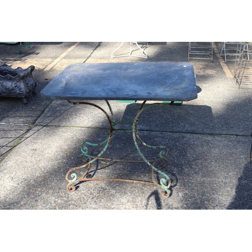 504 - Antique French metal patio or garden table with slate top, approx 70cm H x 84cm W x 68cm D