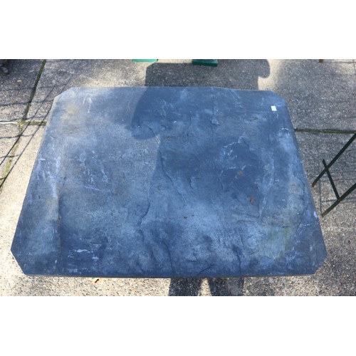 504 - Antique French metal patio or garden table with slate top, approx 70cm H x 84cm W x 68cm D