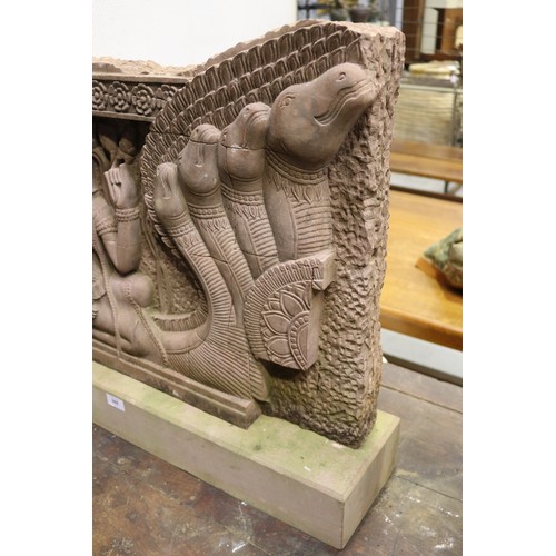 388 - South East Asian carved stone figural Sculpture with female figures in high relief. Buff stone stand... 