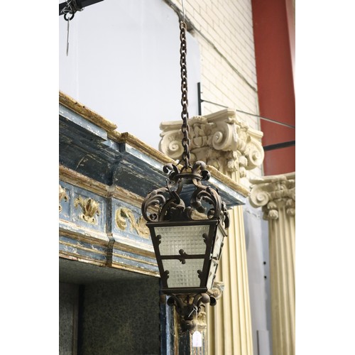 76 - Antique French iron and glass hanging lantern, approx 52cm H