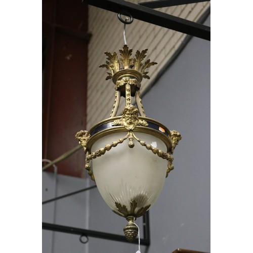164 - Fine antique French ceiling light, with cut and frosted glass shade, held by a band of bell flower s... 