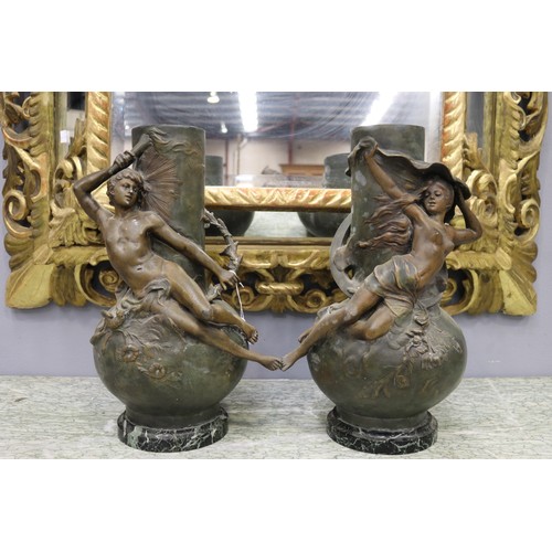 126 - Pair of large antique French bronzed spelter figural vases on green marble bases, by Louis Moreau (1... 