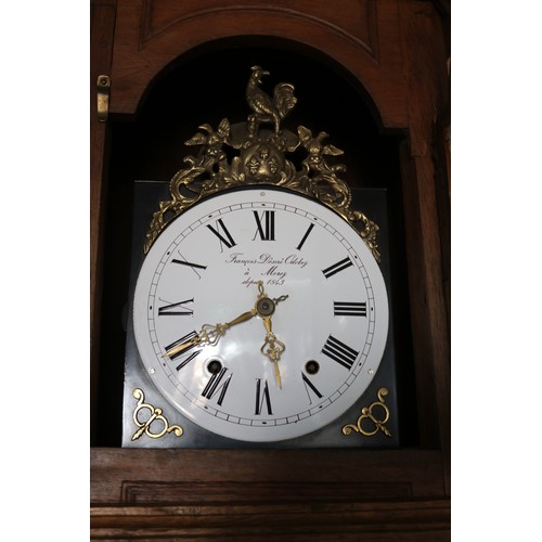 237 - Antique French Louis XV style bombe longcase clock carved in low relief, with movement, has key (in ... 