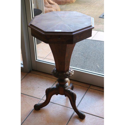 372 - Antique English burr walnut and mahogany octagonal shape, sewing table, with original fitted interio... 