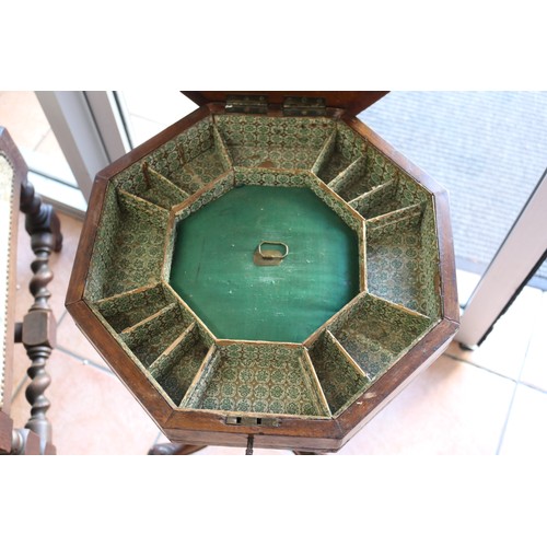 372 - Antique English burr walnut and mahogany octagonal shape, sewing table, with original fitted interio... 