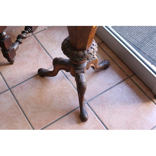 372 - Antique English burr walnut and mahogany octagonal shape, sewing table, with original fitted interio... 