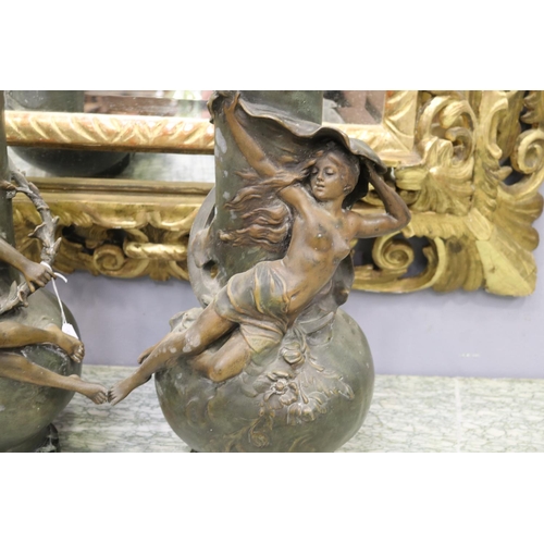 126 - Pair of large antique French bronzed spelter figural vases on green marble bases, by Louis Moreau (1... 