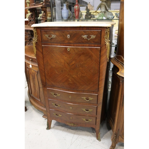 212 - Antique French Louis XV style secretaire / writing desk with marble top, faux drawers to revealing f... 