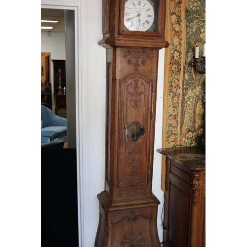 237 - Antique French Louis XV style bombe longcase clock carved in low relief, with movement, has key (in ... 