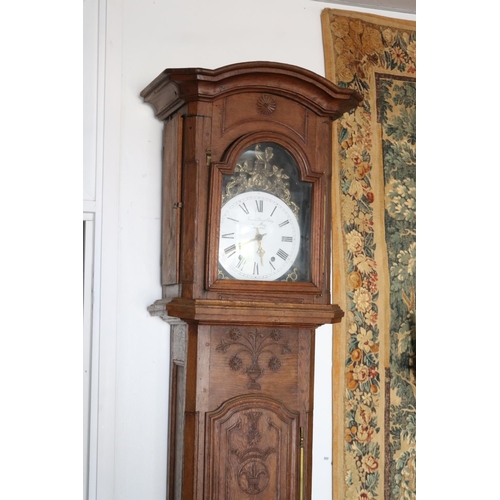 237 - Antique French Louis XV style bombe longcase clock carved in low relief, with movement, has key (in ... 