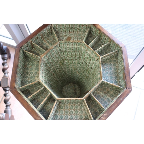 372 - Antique English burr walnut and mahogany octagonal shape, sewing table, with original fitted interio... 