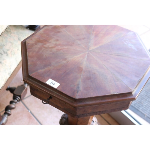 372 - Antique English burr walnut and mahogany octagonal shape, sewing table, with original fitted interio... 