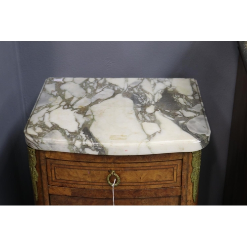 493 - Antique French marble topped inlaid figured walnut nightstand, circa 1920's, approx 84cm H x 43cm W ... 