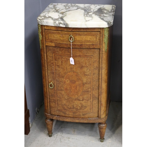 493 - Antique French marble topped inlaid figured walnut nightstand, circa 1920's, approx 84cm H x 43cm W ... 
