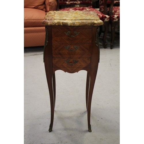518 - Petit marble topped three drawer French nightstand, approx 73cm H