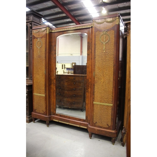 254 - Fine antique French figured burr wood three door armoire, with gilt metal mounts, approx 223cm H x 2... 