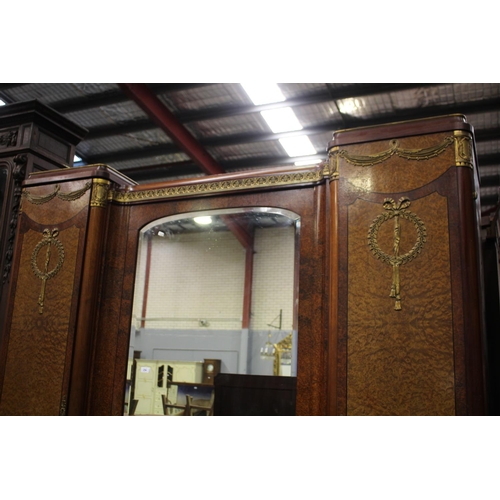 254 - Fine antique French figured burr wood three door armoire, with gilt metal mounts, approx 223cm H x 2... 