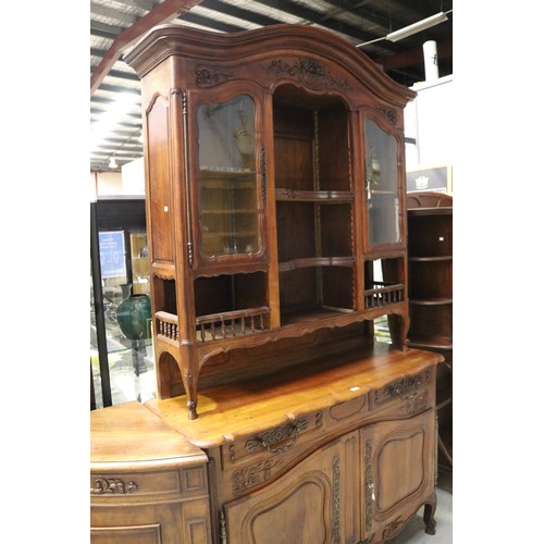 133 - Antique French Louis XV style buffet, in walnut and oak, two door glazed top, with spindle open disp... 