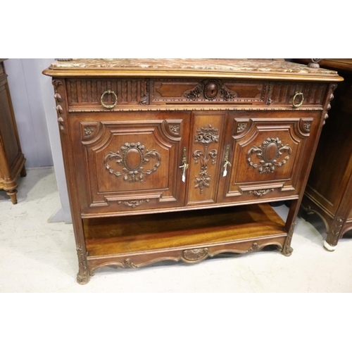 185 - Antique French carved walnut two height buffet, with inset marble top, well carved in low relief, ap... 