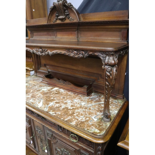 185 - Antique French carved walnut two height buffet, with inset marble top, well carved in low relief, ap... 