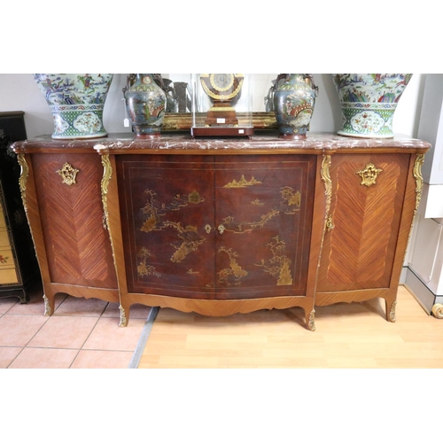 531 - Fine French Louis XV style sideboard, fitted with very thick rouge marble top, central chinoiserie d... 