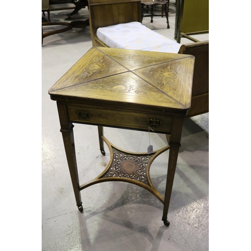 326 - Antique English inlaid rosewood envelope games table, inlaid square tapering legs, approx 75cm H x 5... 