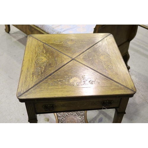 326 - Antique English inlaid rosewood envelope games table, inlaid square tapering legs, approx 75cm H x 5... 