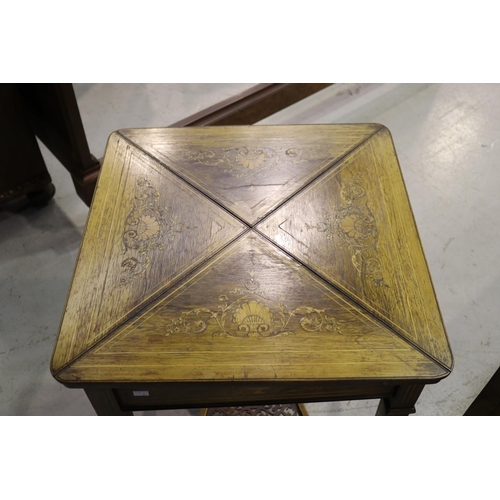 326 - Antique English inlaid rosewood envelope games table, inlaid square tapering legs, approx 75cm H x 5... 