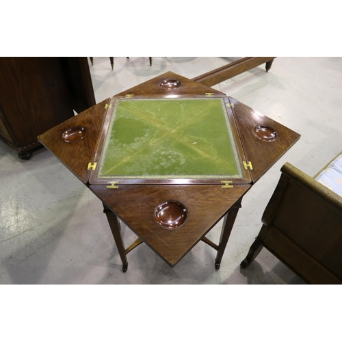 326 - Antique English inlaid rosewood envelope games table, inlaid square tapering legs, approx 75cm H x 5... 