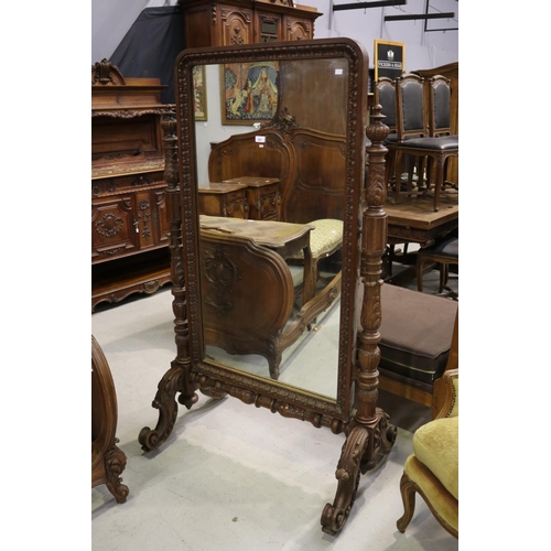 369 - Antique 19th century French well carved oak cheval mirror, approx 141cm x 81cm