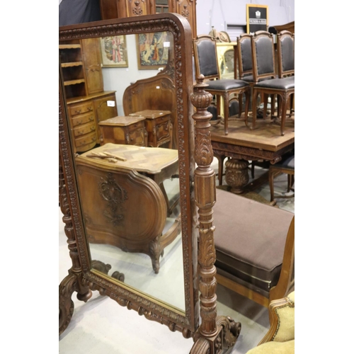 369 - Antique 19th century French well carved oak cheval mirror, approx 141cm x 81cm