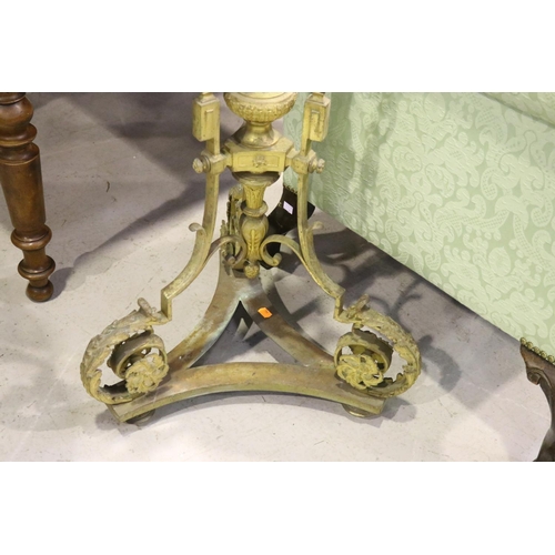 497 - Elaborate antique French heavy cast brass tri form support oil lamp, approx 164cm H