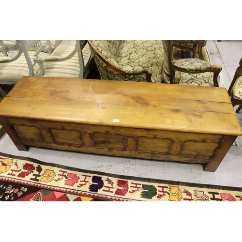 522 - Antique French Cherrywood long five panel coffer, with brass studded decoration approx 176cm L x 50c... 