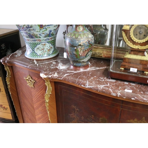 531 - Fine French Louis XV style sideboard, fitted with very thick rouge marble top, central chinoiserie d... 
